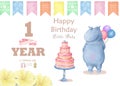 Birthday card with cartoon funny hippopotamus colorful illustration. watercolor animal for greeting, invite, celebration zoo,