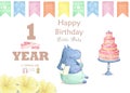 Birthday card with cartoon funny hippopotamus colorful illustration. watercolor animal for greeting, invite, celebration