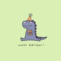 Birthday card with cartoon little cute dinosaur holding the gift box. Vector illustration for poster or print