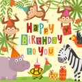 Birthday card with cheerful jungle animals Royalty Free Stock Photo