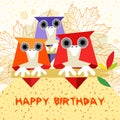 Children birthday card for with owls - autumn time - vector Royalty Free Stock Photo