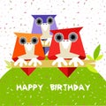 Children birthday card for with owls - spring time - vector Royalty Free Stock Photo