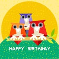 Children birthday card for with owls - summer time - vector Royalty Free Stock Photo