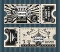 Birthday card with circus tickets vector template. Ticket invitation circus, invite birthday card, circus carnival ticket, coupon