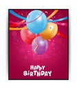 Birthday card with colorful balloons and confetti