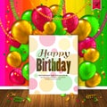 Birthday card. Colorful balloons, confetti, wooden