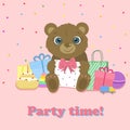 Birthday card. Cute bear with prezent and toys. Vector