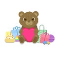 Birthday card. Cute bear with prezent and toys. Vector