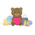 Birthday card. Cute bear with prezent and toys. Vector