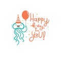 Birthday card with cute cartoon jellyfish. Underwater animal in party hats. Vector doodle poster. Little funny character print.