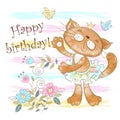 Birthday card with a cute cat ballerina. Vector. Watercolor.
