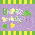 Birthday card with cute eggplant cartoon on yellow and green frame