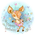 Birthday card with a cute fawn in a skirt. Vector