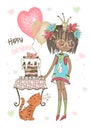 Birthday card with cute girl with cake and balloons. Vector. Royalty Free Stock Photo