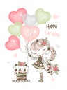 Birthday card with cute girl with cake and balloons. Vector Royalty Free Stock Photo