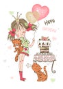 Birthday card with cute girl with cake and balloons. Vector. Royalty Free Stock Photo