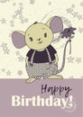 birthday card with cute mouse with flower, vector holiday illustration