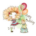 Birthday card with a cute red-haired girl with balloons and gifts, in the technique of watercolor and Doodle style