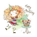 Birthday card with a cute red-haired girl and a large cake for the fifth anniversary, in the technique of watercolor and Royalty Free Stock Photo