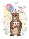 A birthday card. Cute teddy bear with balloons and cake. Vector. Royalty Free Stock Photo