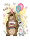 A birthday card. Cute teddy bear and bunny with balloons and cake. Vector. Royalty Free Stock Photo