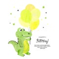 Birthday card design. Cute watercolor crocodile with balloons