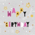 Birthday card design with sparkling dots and stars.