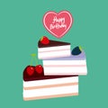 Birthday Card design Sweet cake decorated with fresh berry, pink cream and chocolate icing, piece of cake, heart, pastel colors on