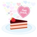 Birthday Card design Sweet cake decorated with fresh Strawberry, pink cream and chocolate icing, piece of cake on the blue plate, Royalty Free Stock Photo