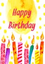 Birthday card with candles, colorful spots and wishing. Hand drawn cartoon watercolor sketch illustration