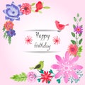Birthday Card Design With Watercolor Flowers And Cute Birds