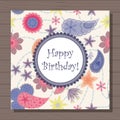 Birthday card with flowers and paisley vintage on wooden background