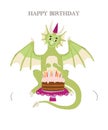 Birthday card with Green Dragon with Cake and candles for kids. Royalty Free Stock Photo