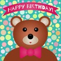 Birthday card. The head of cute bear, bow tie, ribbon with text. Royalty Free Stock Photo