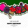 Birthday card with items, balloon, cake, hat, lollipop, masquerade and gift on dotted background. Vector