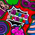 Birthday card with items, balloon, cake, hat, lollipop, masquerade and gift on red background. Vector Royalty Free Stock Photo