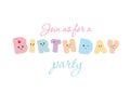 Birthday card. Kawaii bold colorful letters. Cute stickers emoticons.