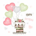 Birthday card with a large cake and balloons in the form of a heart. Vector Royalty Free Stock Photo