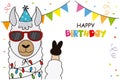 Birthday card. Llama with glasses and party hat