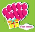 Birthday card with many pink ballons and yellow