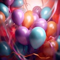 Birthday card with multicolored vibrant balloons. Confetti, curling streamers or party serpentine for children holidays