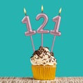 Birthday card with number 121 candle on aquamarine background