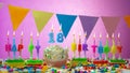 Birthday card with number 18 year. Happy birthday eighteen year old. Candles burn with a festive cream cake. Greeting card Royalty Free Stock Photo