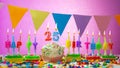 Birthday card with number 25 year. Happy birthday to twenty five year old. Candles burn with a festive cream cake. Greeting card Royalty Free Stock Photo