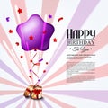 Birthday card with open gift box, balloons and