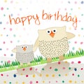 Birthday card with owls and colorful splashes background - vector Royalty Free Stock Photo