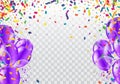 Birthday card with purple balloons and confetti on backgr