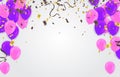 Birthday card with purple balloons and confetti on backgr Royalty Free Stock Photo