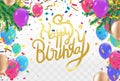 Birthday card with purple balloons and confetti on backgr Royalty Free Stock Photo