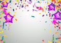 Birthday card with purple balloons and confetti on backgr Royalty Free Stock Photo